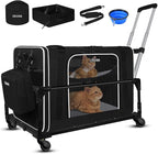 Petskd Side Expandable Extra Large Cat Carrier with Wheels and Litter Box, 24"x17"x17" Soft-Sided Pet Carrier for 2 Cats Under 55 lbs with Zipper Locks for Car Travel (Black)