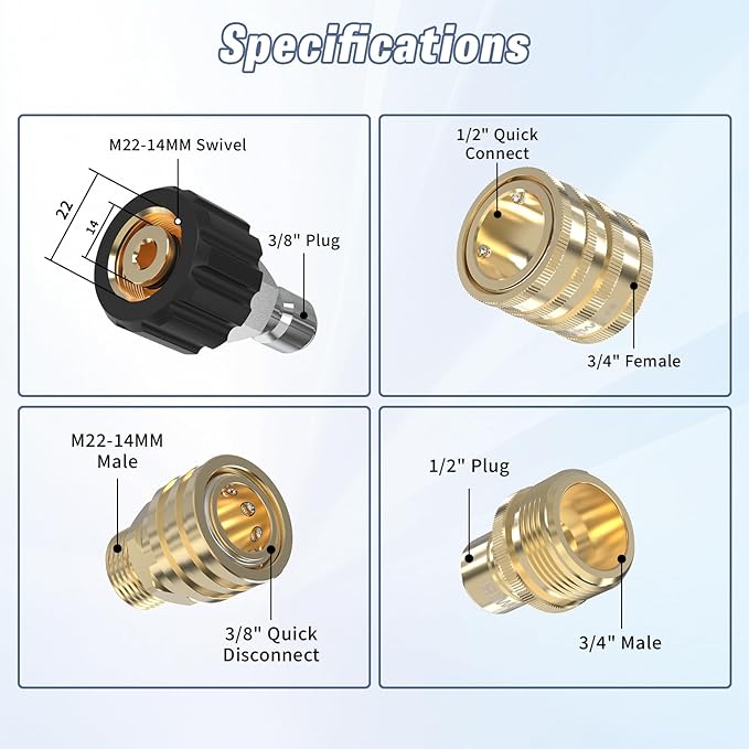 Pressure Washer Quick Connect Kit, M22-14mm to 3/8" Male Female Quick Disconnect Kit for Power Washer, 3/4 Inch Hose Fittings Adapter Set, Brass, 8 pcs