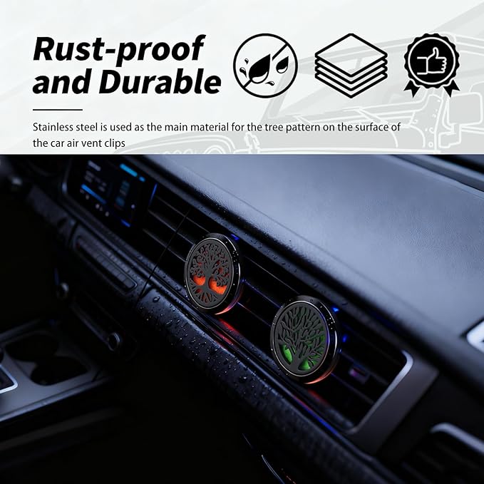 2PCS 30mm Tree of Life Car Essential Oil Diffuser Vent Clip,Stainless Steel Car Diffusers for Essential Oils as Decoration with 12 Felts,Stylish Essentials Oil Cars Diffuser Vent Clips
