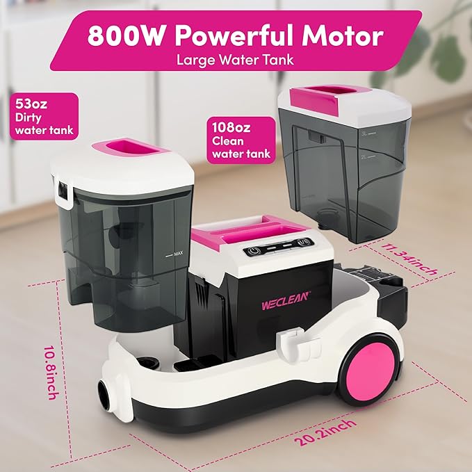 WECLEAN C4 Pink Carpet Cleaner Machine, Portable 800W 18KPa Deep Cleaner with Stand-Up Handle and Wide Squeegee for Pet Stains on Carpets, Rugs, Upholstery and Car Interiors, 3L Clean/1.5L Dirty Tank