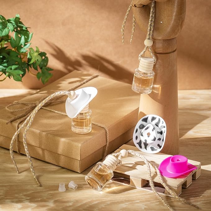 3 Pieces Cowboy Hat Car Air Freshener Hanging Cow Print Diffuser Bottles Western Country Refillable Empty Glass Perfume Bottle Car Interior Rear View Mirror Accessories (White, Spots, Pink)