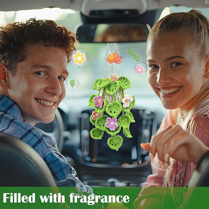 Crochet Hanging Plant Car Air Freshener，10ml Empty Refillable Car Diffuser Bottle with Potted Plants Car Mirror Hanging Accessories Car Air Hanging Fragrance Oil Diffuser (Pink Flower)