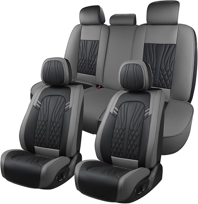 Leather Car Seat Covers,Car Seat Protector Waterproof,Seat Covers Full Set, Car Seat Protectors 5 Seats,Automotive Seat Covers Fit Most Cars Grey&Black