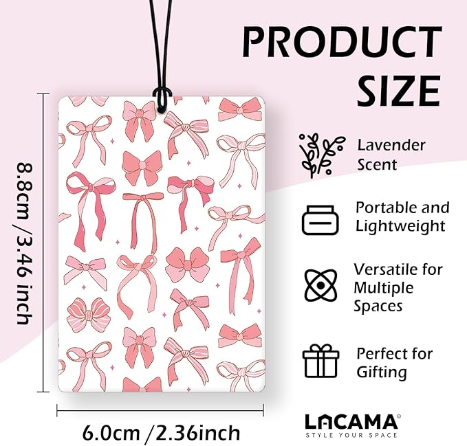 Lacama Pink Coquette Bow Car Air Freshener 3Pcs, Preppy Pink Bows Ace Card Cars Scents Air Freshener for Women Girls Gifts, Cute Girly Car Accessories Interior Mirror Decor Hanging