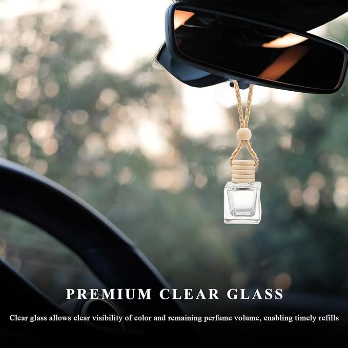4 PCS Hanging Car Air Freshener, Empty Clear Glass Bottle Pendant Essential Oil Diffuser with Wooden Cap, 8ml Refillable Aromatherapy Bottle Perfume Ornament for Most Vehicles (Square)