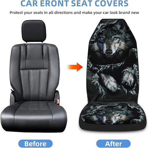 2 Pcs Premium Wolf Car Seat Cover, Breathable & Washable Car Seat Covers Full Sets, Fashionable Printed Seat Covers for Cars Interior, Universal Fit for Most Cars, Sedan, Truck, SUV