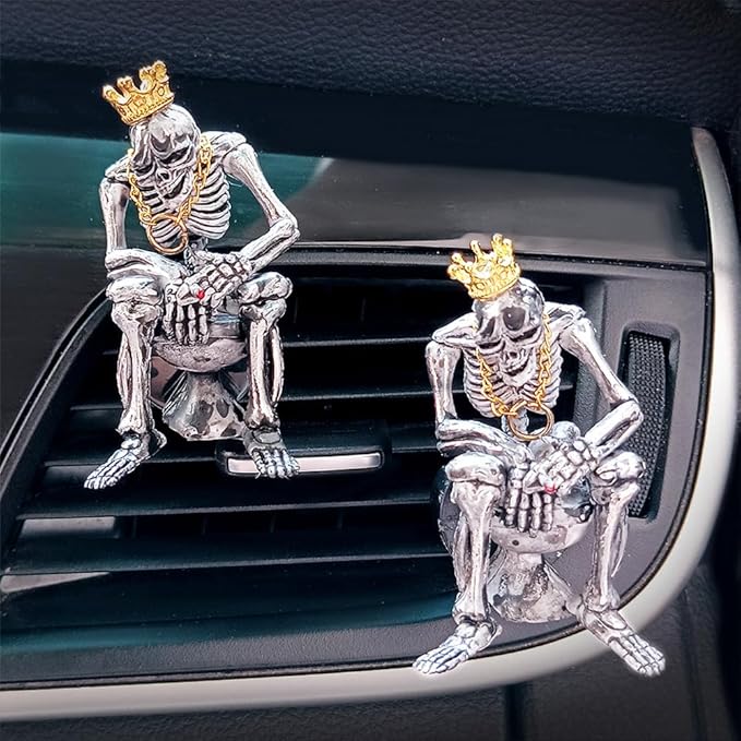 2pcs skull air freshener car Car Diffuser Vent Clip With Aromatherapy Tablets Fragrance Skeleton Aroma Accessories Interior Decorations For Men Women Teens Funny Christmas Halloween Gifts (Silver)
