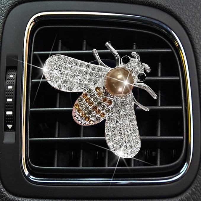 White Silver Bee Car Air Vent Clips,Bling Rhinestone Car Air Fresheners Vent Clip,Cute Aromatherapy Diffuser Car Vent Clip Interior Decoration Charm Accessories for Girl Women