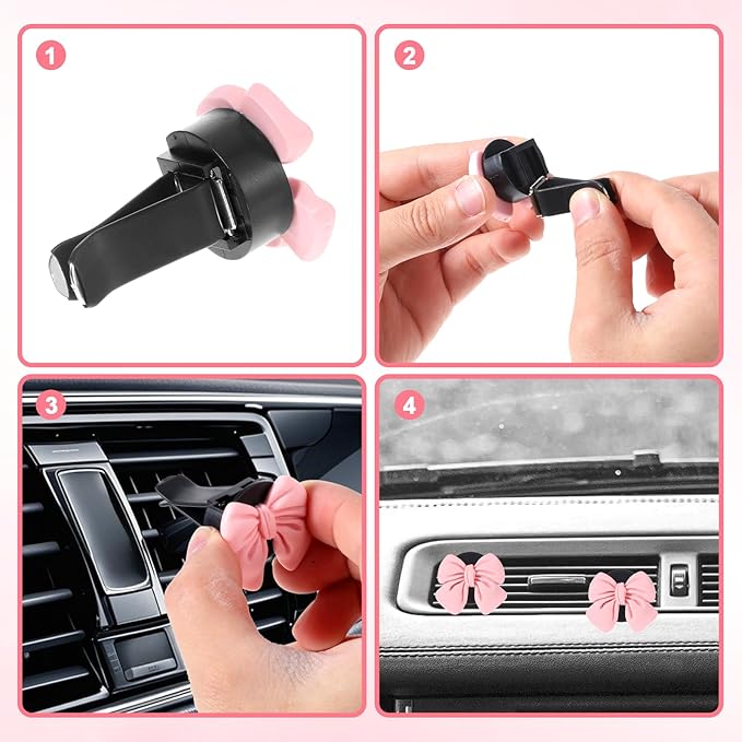 6 Pcs Pink Bow Car Air Vent Clips, Cute Air Freshener Clips for Car Interior Decoration Accessories