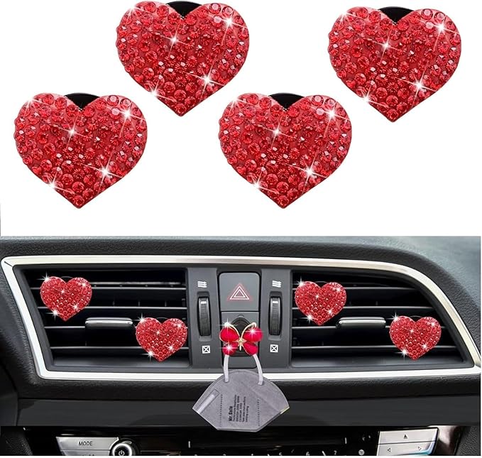 5 Pcs Bling Red Hearts Air Vent Clips, Heart Shape Crystal Car Air Vent Clip Charm Car Air Fresheners for Women Rhinestone Diffuser Vent Clip Cute Decor Bling Cars Accessories,Interior Accessories