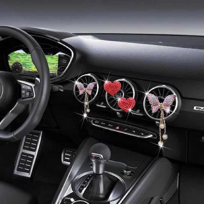 4 Pcs Pink Bling Butterfly and Heart Car Air Fresheners Vent Clips Diffuser Vent Clip Rhinestone Diamond Decoration Car Interior Decor Cute Accessories for Women, Automotive Air Fresheners (Red, 2)