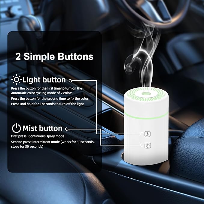 100ML Car Essential Oil Diffuser, Rechargeable Battery Powered, Cordless Portable Humidifier with 7 LED Color Changing Lights for Travel (White)