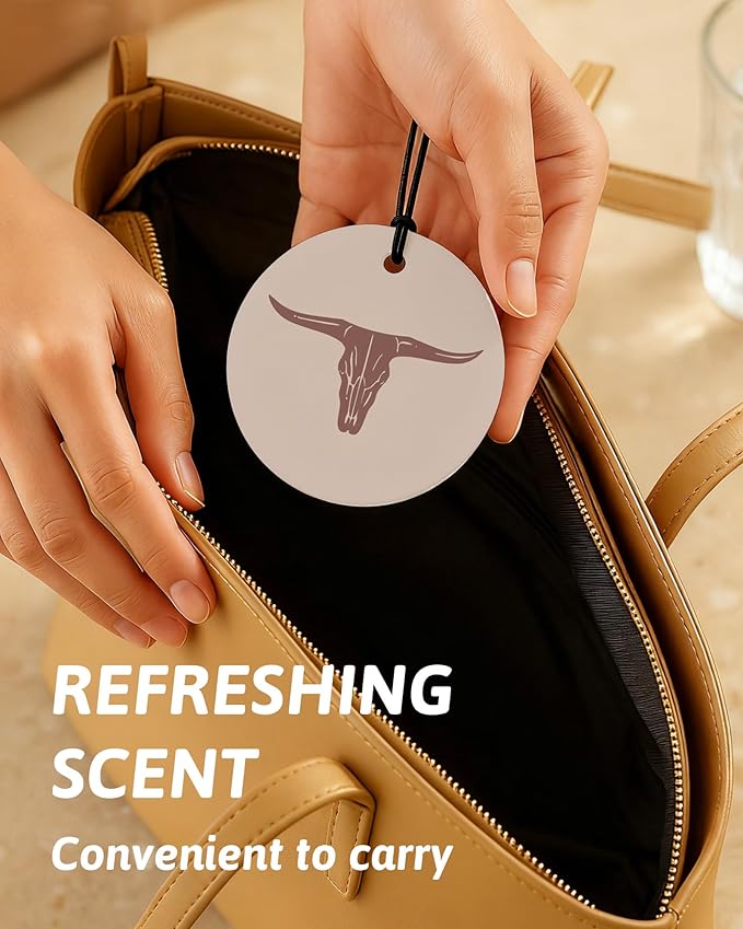 Boho Beige Western Round Car Air Freshener 4 Pcs, Cow Skull Cactus Cowgirls Boots Hanging Air Freshener for Cars Closet Drawer Books, Western Country Car Accessories Mirror Decor for Women