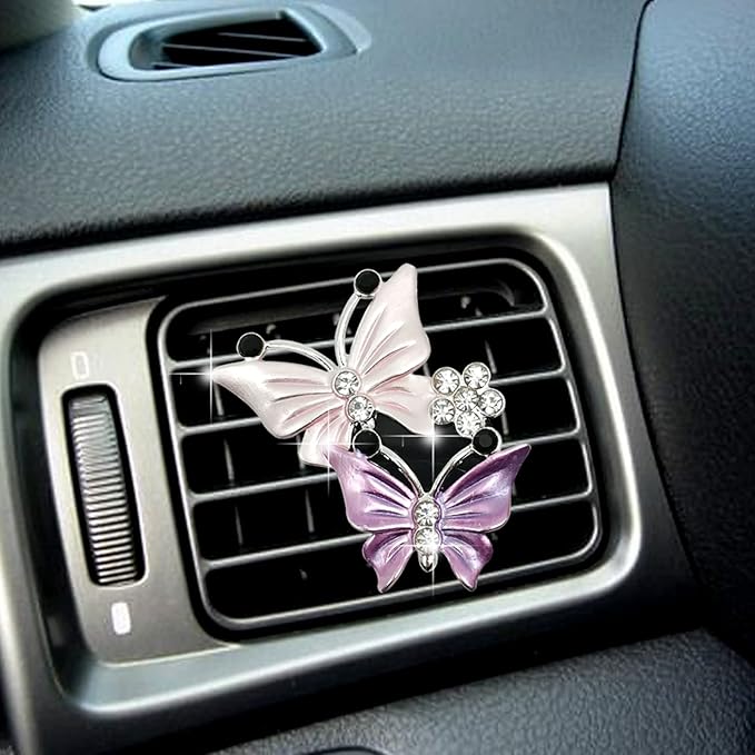 Cute Dual Butterfly Air Vent Clips, 2Pcs Dual Butterfly Diamond Car Air Fresheners Vent Clips, Car Air Conditioning Outlet Clip Decorative Interior Accessories(Pink)