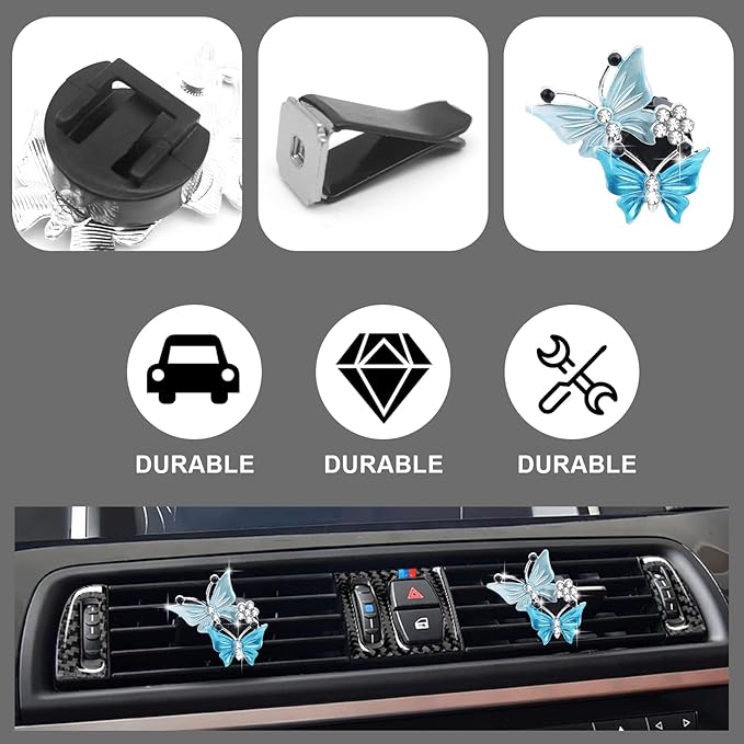 2Pcs Dual Butterfly Diamond Car Air Fresheners Vent Clips, Cute Dual Butterfly Air Vent Clips, Car Air Conditioning Outlet Clip Decorative Interior Accessories(Blue)