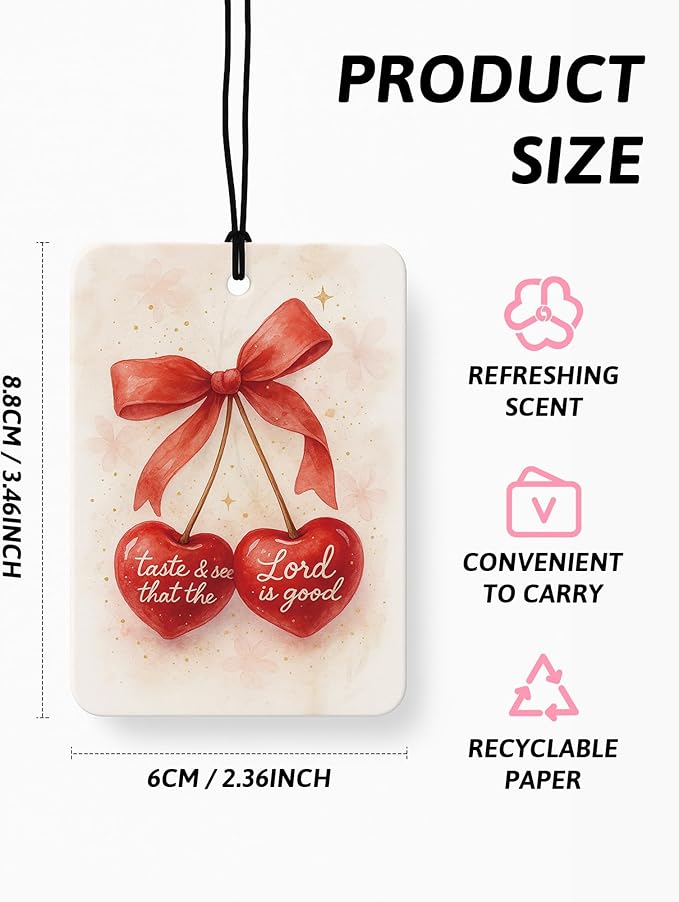 Red Coquette Bow Cherry Christian Car Air Freshener 4 Pcs, Girly Preppy Floral Religious Hanging Air Freshener for Cars Closet Drawer Books, Christian Car Accessories Mirror Decor for Women