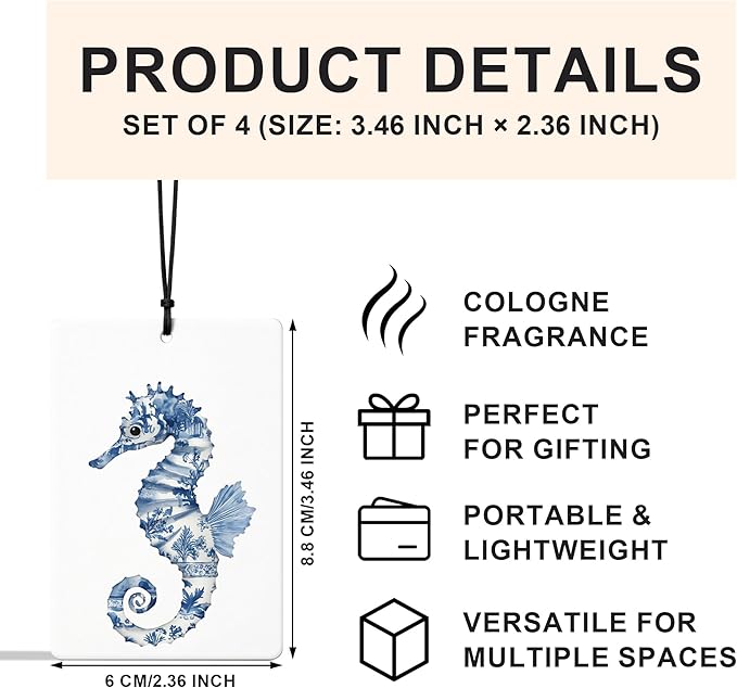Blue and White Porcelain Beach Car Air Freshener 4 Pcs, Chinoiserie Coastal Seahorse Jellyfish Conch Crab Air Freshener Hanging for Cars Books Closet Drawer, Girly Car Accessories for Women
