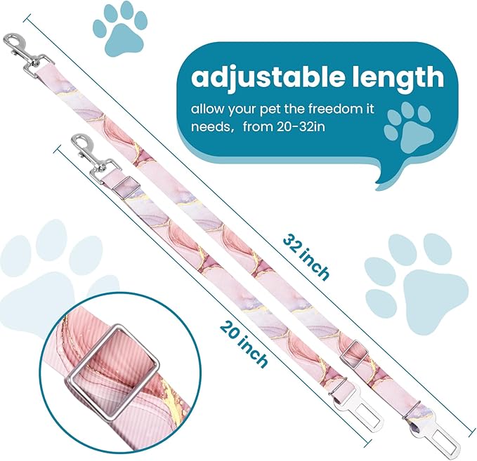 Adjustable pet cat and Dog car seat Belt. The Lanyard is Flexible and Adjustable from 20 to 33 inches (Pink Marble + Purple Marble)