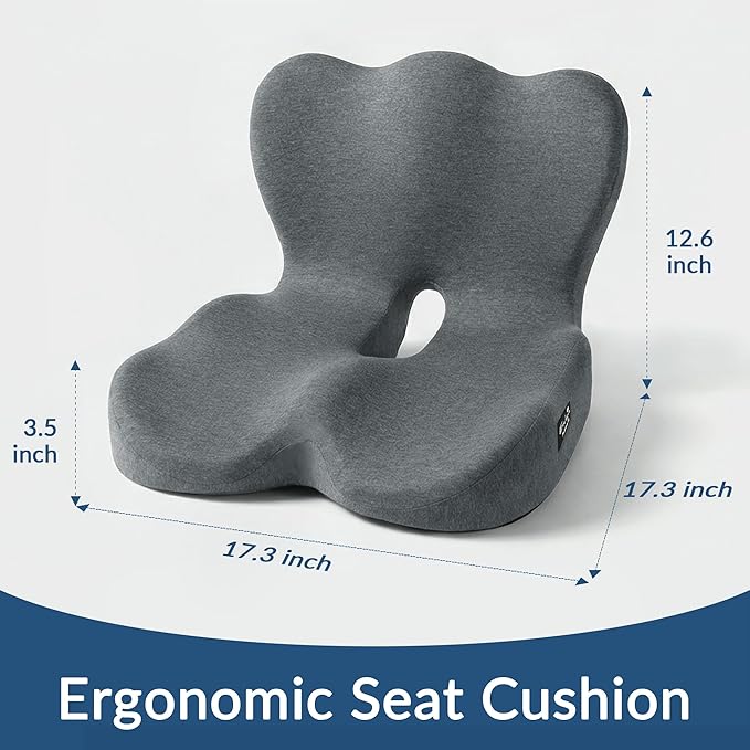 Exclusivo Mezcla Memory Foam Seat Cushion, Ergonomic Tailbone Pain Relief Cushions, Non-Slip Seat Pad for Office Chair and Car Seat, Grey