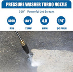 Pressure Washer Tips Turbo Nozzle - 4000PSL Max Rotating 360° Pressure Washer Turbo Nozzle 4.0 GPM 4.0 Orifice With 1/4'' Quick Connect for Cleaning Garden Car Brick, Concrete, and Vinyl Surfaces