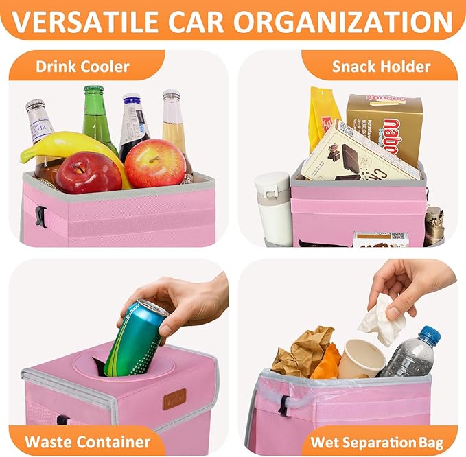 Pink Car Trash Can Cute, Pink Car Accessories for Women Waterproof Automotive Garbage Cans Leak Proof Vehicle Trash Can