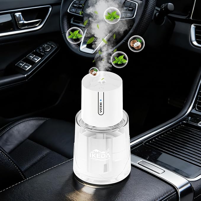 Ikeda Fragrance Smart Car Air Freshener,100ml Essential Oil Mist Aroma Machine, 3 Mode Mini Small Scent Spray for Truck & Car with Touch Switch, Automotive Aroma Diffuser for Gift(White, Milk-Aromas)