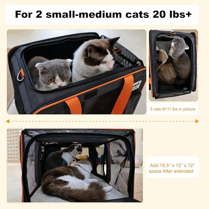20 x 14 x 14 inches Expandable pet Carrier for 1 Large cat Under 25 lbs,2 Medium Cats 20 lbs+,cat Crate/Bag for Short Trip/Long Distance car Travel