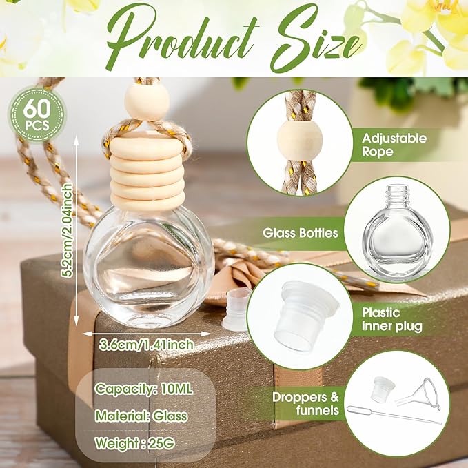 Inbagi 60 Pcs 8ml Hanging Car Air Freshener Diffuser Bulk Empty Refillable Clear Glass Bottle Essential Oil Bottle Pendant with Wooden Caps for Fragrance Aromatherapy Perfume Auto Interior Ornament