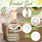 Inbagi 60 Pcs 8ml Hanging Car Air Freshener Diffuser Bulk Empty Refillable Clear Glass Bottle Essential Oil Bottle Pendant with Wooden Caps for Fragrance Aromatherapy Perfume Auto Interior Ornament