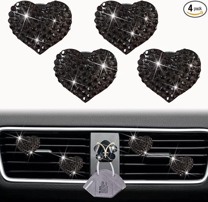 4Pc Black Heart Air Vent Clips,Car Air Fresheners Vents Clips Car Diffuser Diamond Car Interior Decor Charm Cute Car Accessories Interior Accessories