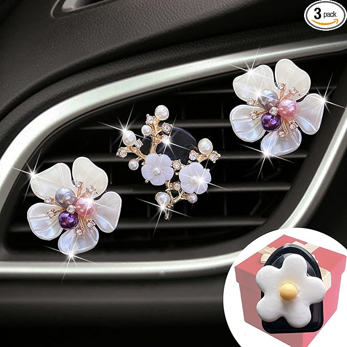 Pearl Daisy AromaBoost Car Diffusers - 3pcs with Mask Hook & Rhinestone Bling Decoration