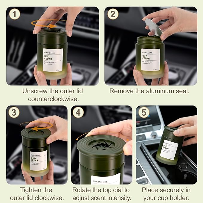Car Air Freshener, Sandalwood Pine Scent Diffuser with Rotating Cap for Adjustable Fragrance Intensity, Gel Odor Eliminator for Home Car Bathroom, Every 6.4 oz Lasts 90 Days, 2 Pack, Green