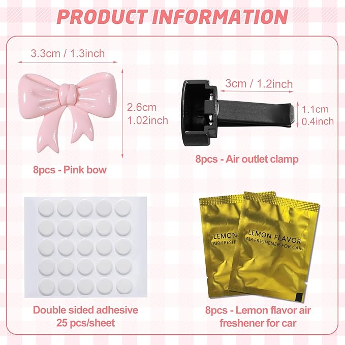 8 PCS Coquette Pink Bow Car Air Freshener Vent Clip, Cute Aesthetic Cars Scent Air Fresheners Vent Clips Decorations, Automotive Interior Accessories for Women Girl