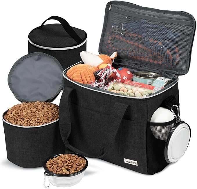 BAGLHER Dog Travel Bag Backpack Pet Supplies Backpack Pet Accessories Storage Bag 5-Piece Set With Shoulder Strap 2 Lined Pet Food Containers 4 Foldable Feeding Bowls Essential Kit for Pet travel