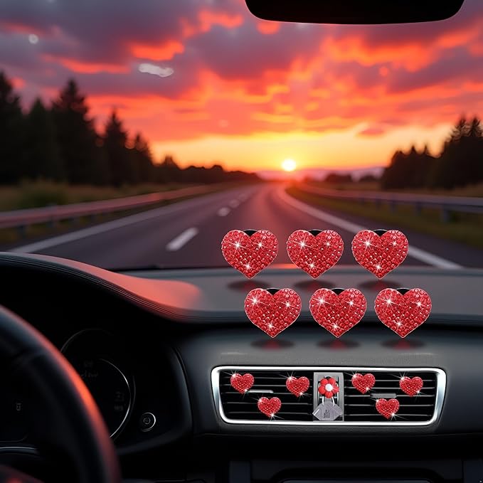 6Pcs Bling Heart Air Vent Clips Red Heart Car Air Fresheners Vents Clips Car Diffuser Diamond Car Interior Decor Charm Decoration Cute Accessories for Women Automotive