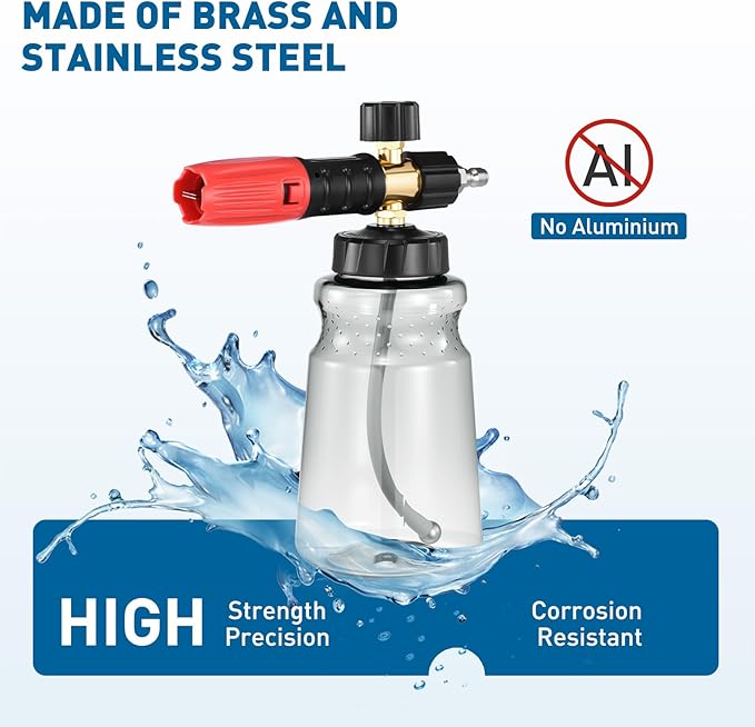 Foam Cannon for Pressure Washer, 1L Thick Foam Lance Soap Dispenser for Car Washing with Adjustable Thick Foam with 1/4 Inch Quick Connector, Foaming Mesh, Stainless Steel Nozzle