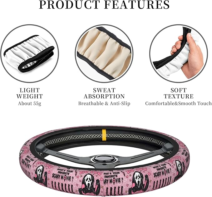 Halloween Ghost Steering Wheel Cover Horror Movie Car Accessories for Men Women with 2 Car Air Freshener, 15 Inch Anti-Slip Car Steering Wheel Covers Universal Fit