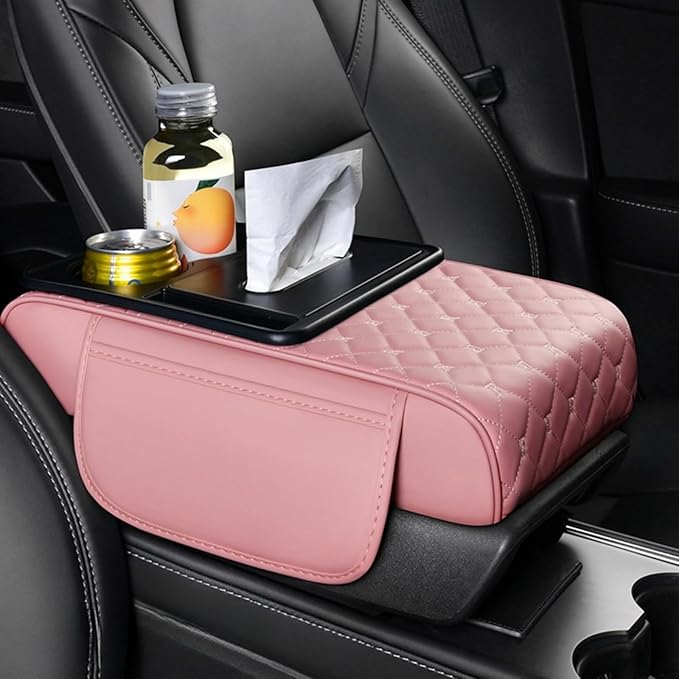 5-in-1 Center Console Cover Organizer Armrest Cover Cushion Pad with Cup Holder, Storage Pocket and Tissue Holder for Car, Grid, Rose-Tinted