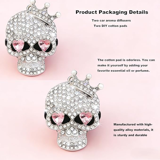 Gothic Skull Car Air Freshener Vent Clips with 2 Pads, Halloween Scented Car Accessories for Men Women, Automotive Interior Decor and Cool Car Fresheners for Men， Spooky Gift Idea-A9