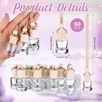60 Pcs Hanging Car Air Freshener Car Diffuser Bottle Empty Glass Perfume Air Freshener Diffuser Bottle Pendant for Essential Oils Fragrance Aromatherapy Ornament Decor (Cylinder Style)