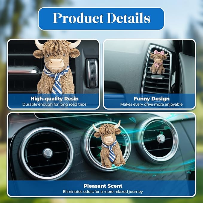 GENANY 3D 2pcs Resin Highland Cow Car Air Freshener Vent Clips, Farmhouse Auto Fresheners, Farm Air Freshener, Cute Gifts for Women and Men, Cool Spring Gifts For Horror Fans