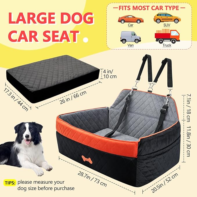 PetsHome Dog Car Seat for Medium Large Dogs, Detachable Washable Pet Booster Seat with Memory Foam Cushion, Side Pockets, 2 Clip-On Safety Leashes Pet Car Seat for Dog Up to 60 lbs/2 Small Dogs-Black