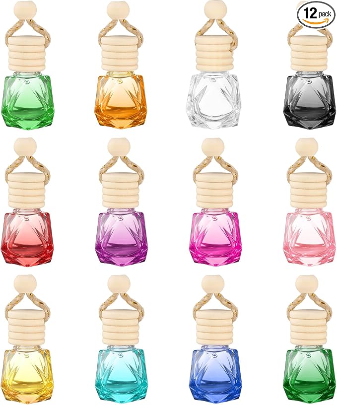 uxcell 12pcs Hanging Car Air Freshener Perfume Bottle, 8ml Pendant Empty Glass Essential Oil Aromatherapy Diffuser with Wooden Cap for Car Decor (Multicolor, Rhombus)
