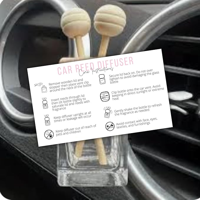 Reed Vent Car Oil Diffuser Care Instruction Card | 50 pk 2x3.5” Freshie Wood Top Car Freshie Insert Package for Selling to DIY Customers