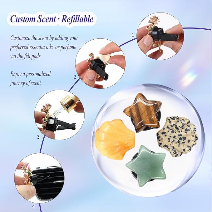 Boho Car Vent Clips,4pcs Beach Car Decor Air Freshener Diffuser Vent Clips,Pentagram Stars Seashell Natural Stone Decoations for Women,Best Wishes for Lover and Friend