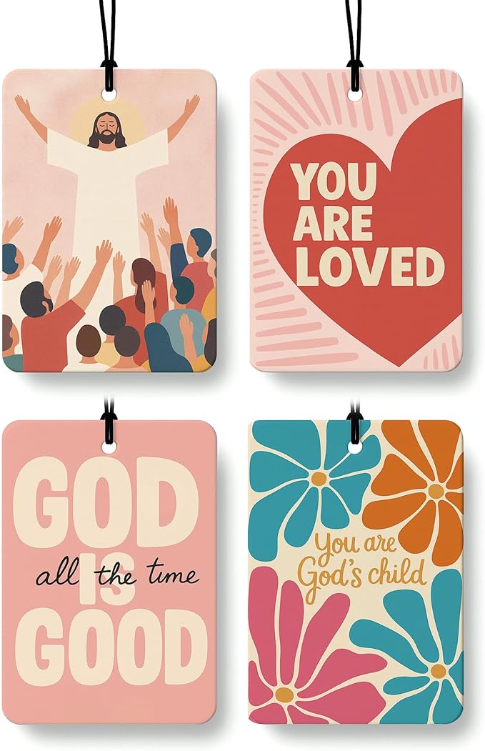 Jesus Christian Car Air Freshener 4 Pcs Coconut Scented, Religious Car Accessories Mirror Decor for Women, Abstract Boho Floral Scripture Hanging Air Freshener for Cars Closet Drawer Books