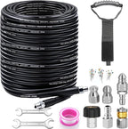 150FT Sewer Jetter Kit for Pressure Washer, 5800PSI Drain Cleaner Hose 1/4 Inch NPT Corner, Rotating and Button Nose Sewer Jetting Nozzles, Waterproof Tape and 2 Spanners (Black)