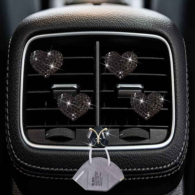 4Pcs Black Heart Air Vent Clips, 4 Pcs Bling Heart Car Air Fresheners Vents Clips Car Diffuser Diamond Interior Decor Charm Cute Accessories Decoration for Women, Automotive