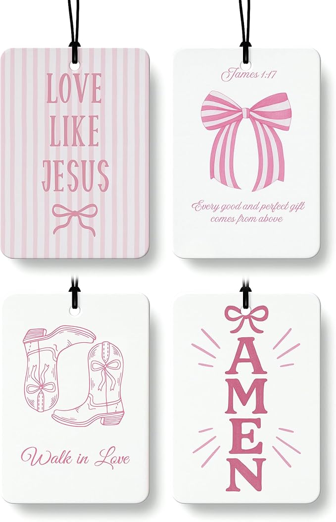 Pink Western Christian Car Air Freshener 4 Pcs Coconut Scented, Religious Car Accessories Mirror Decor for Women, Preppy Girly Cowgirls Hanging Air Freshener for Cars Closet Drawer Books