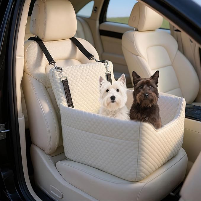 Dog Car Seat for Small/Medium Dogs Under 35lbs, Soft Booster Car Seat with Detachable Washable Cover and Cushion, Memory Foam Pet Car Seat with Safety Belt and Storage Pockets, Puppy Dog Car Bed